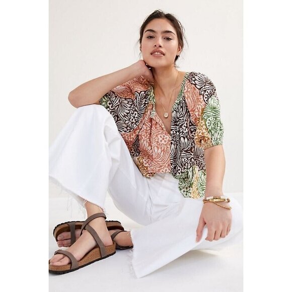 Roller Rabbit Womens Aegean Abstract Blouse Anthropologie Sz S Boho Floral Top - Picture 1 of 8